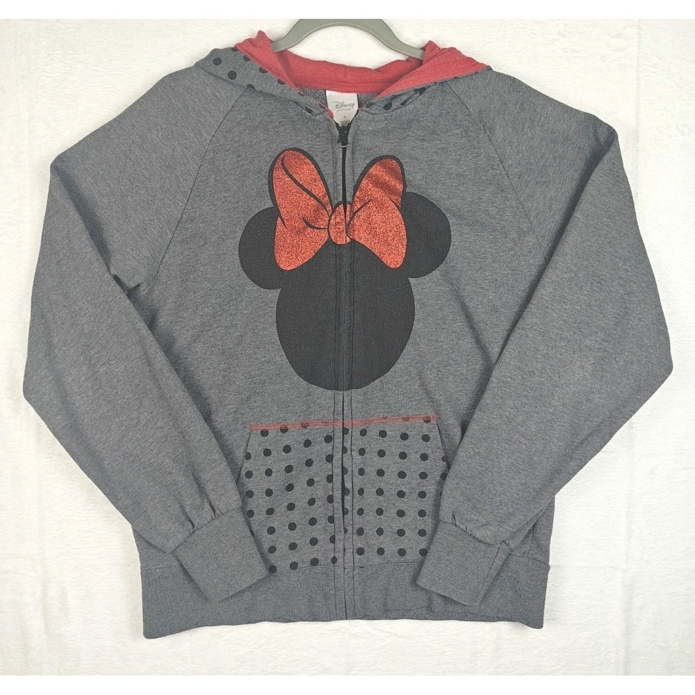 Disney Store Minnie Mouse Hoodie Womens L Gray Red Glitter Bow Polka Dot Full...